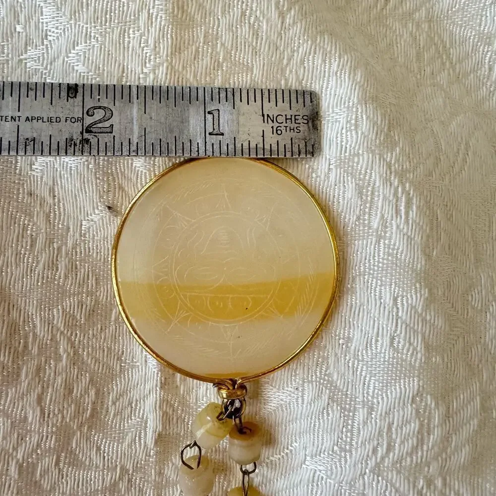 Vintage Carved Aztec Sundial Pendant Mexican Sun White Agate Etched Necklace